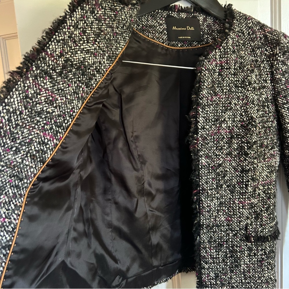 Massimo Dutti Cropped Boucle Tweed Blazer Black White Purple Size 2 - Picture 5 of 15